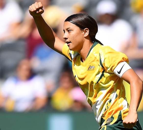 Sam Kerr of Australia celebrates after scoring a goal during the women's International friendly soccer match between Australia and Chile in Sydney, Australia, 09 November 2019.